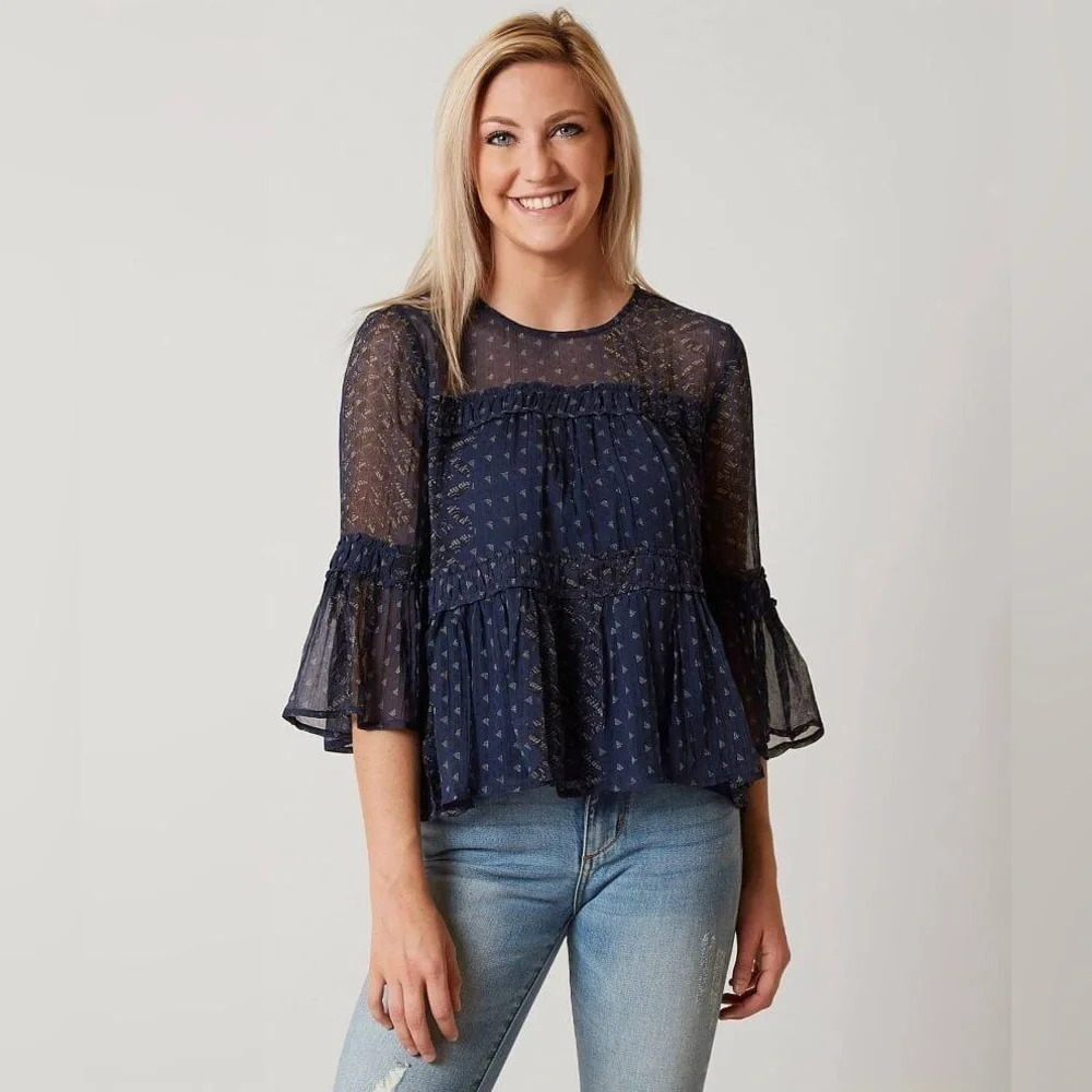 NWT Lucky Brand Crinkle Peasant Blue 3/4 Sleeve Scoop Neck Top Size 3X